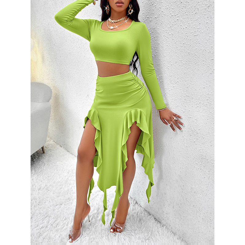 Women  2 Piece Skirt Sets Long Sleeve Square Neck Crop Top Ruffle Trim Irregular Split Sexy Club Party Skirt Outfits