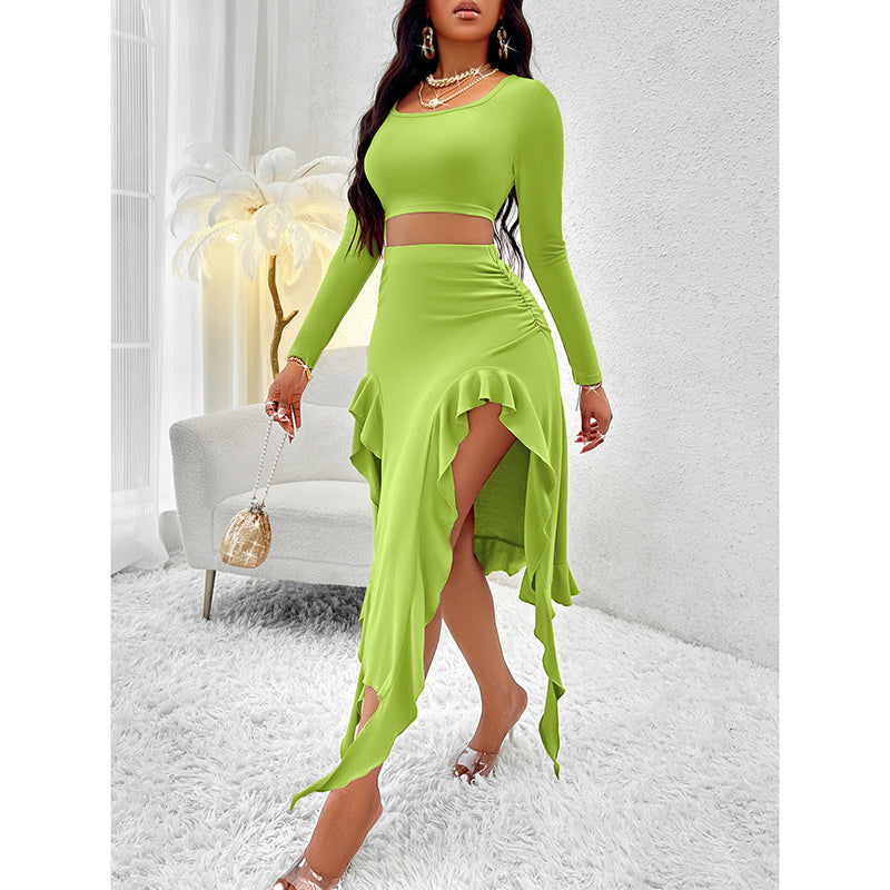 Women  2 Piece Skirt Sets Long Sleeve Square Neck Crop Top Ruffle Trim Irregular Split Sexy Club Party Skirt Outfits
