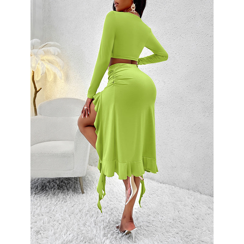 Women  2 Piece Skirt Sets Long Sleeve Square Neck Crop Top Ruffle Trim Irregular Split Sexy Club Party Skirt Outfits