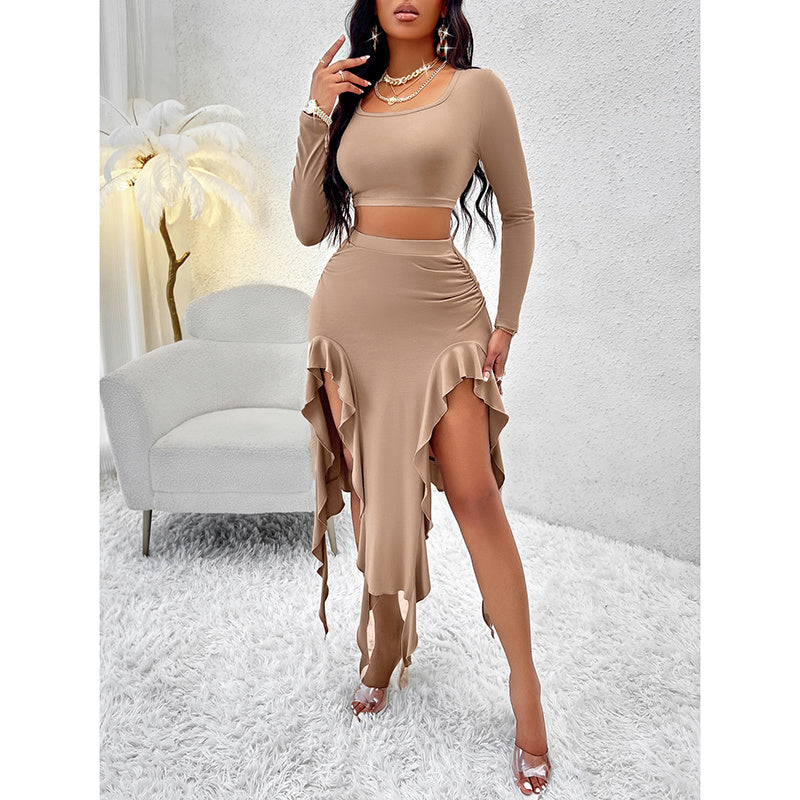 Women  2 Piece Skirt Sets Long Sleeve Square Neck Crop Top Ruffle Trim Irregular Split Sexy Club Party Skirt Outfits