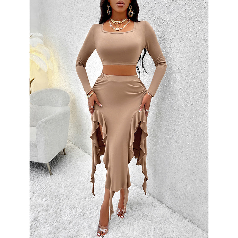 Women  2 Piece Skirt Sets Long Sleeve Square Neck Crop Top Ruffle Trim Irregular Split Sexy Club Party Skirt Outfits