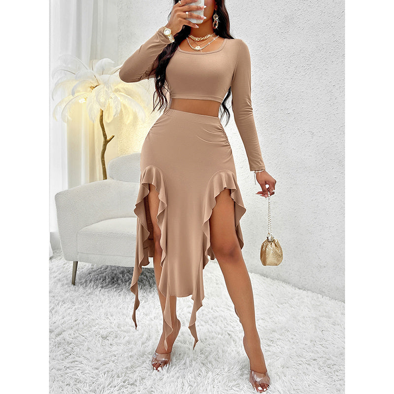 Women  2 Piece Skirt Sets Long Sleeve Square Neck Crop Top Ruffle Trim Irregular Split Sexy Club Party Skirt Outfits
