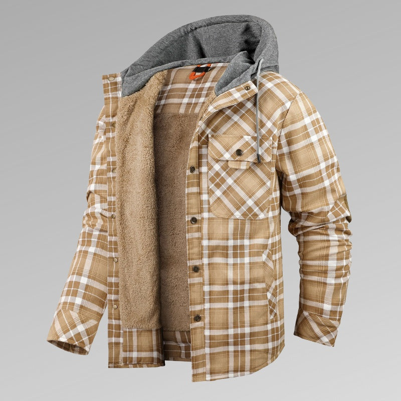 Men's Long Sleeve Velvet Thickened Hooded Plaid Shirt Coat