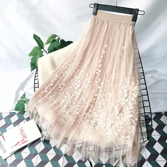 Floral Embroidery A-Line Lace Mesh Skirt