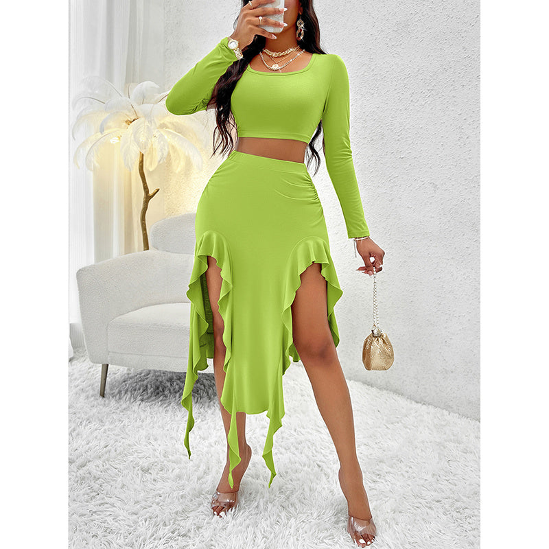 Women  2 Piece Skirt Sets Long Sleeve Square Neck Crop Top Ruffle Trim Irregular Split Sexy Club Party Skirt Outfits