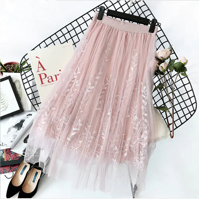 Floral Embroidery A-Line Lace Mesh Skirt