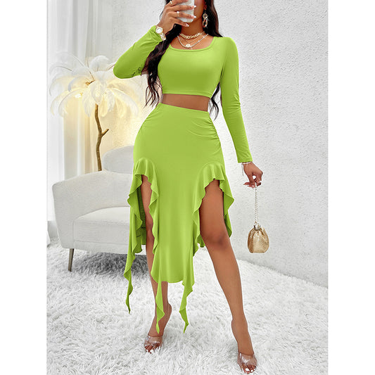 Women  2 Piece Skirt Sets Long Sleeve Square Neck Crop Top Ruffle Trim Irregular Split Sexy Club Party Skirt Outfits