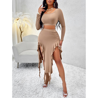 Women  2 Piece Skirt Sets Long Sleeve Square Neck Crop Top Ruffle Trim Irregular Split Sexy Club Party Skirt Outfits
