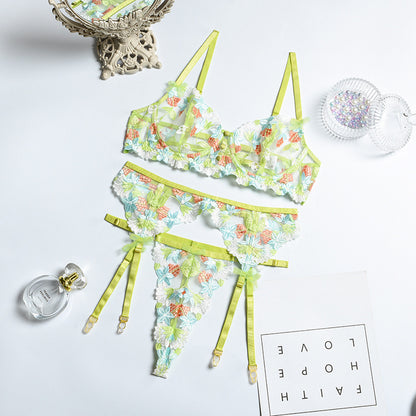 Three-piece Set Of Craft Floral Mesh Underwear
