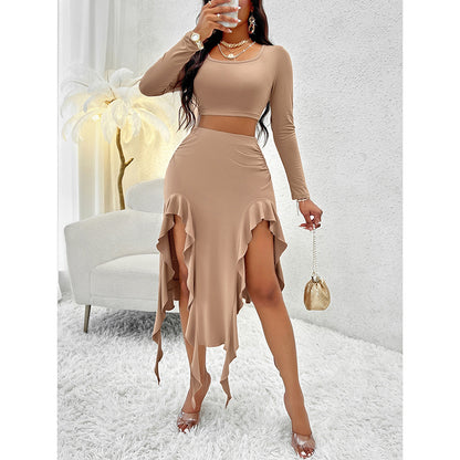 Women  2 Piece Skirt Sets Long Sleeve Square Neck Crop Top Ruffle Trim Irregular Split Sexy Club Party Skirt Outfits