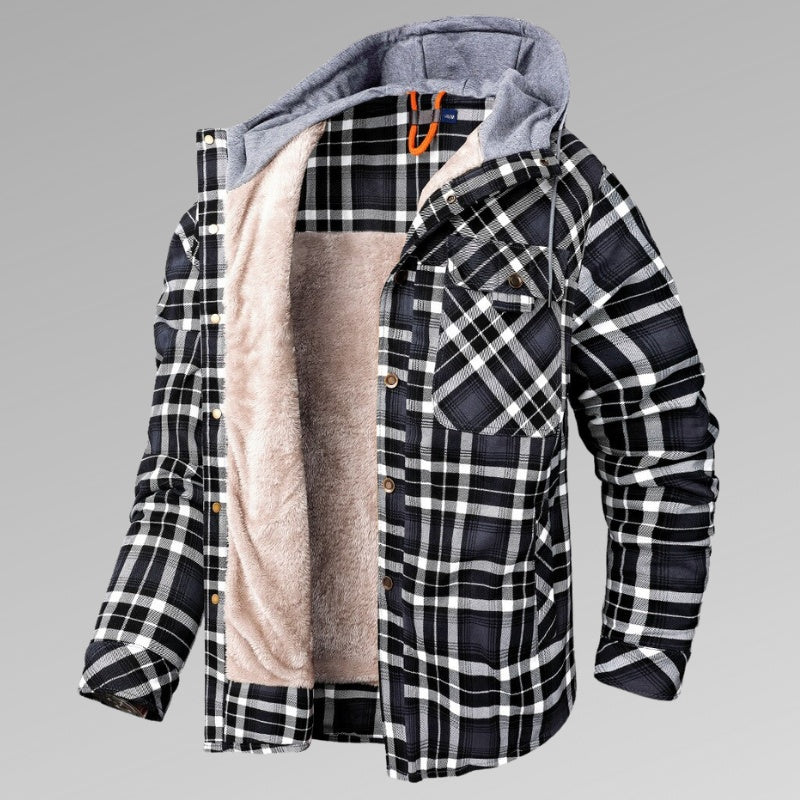 Men's Long Sleeve Velvet Thickened Hooded Plaid Shirt Coat