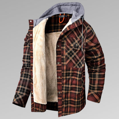Men's Long Sleeve Velvet Thickened Hooded Plaid Shirt Coat