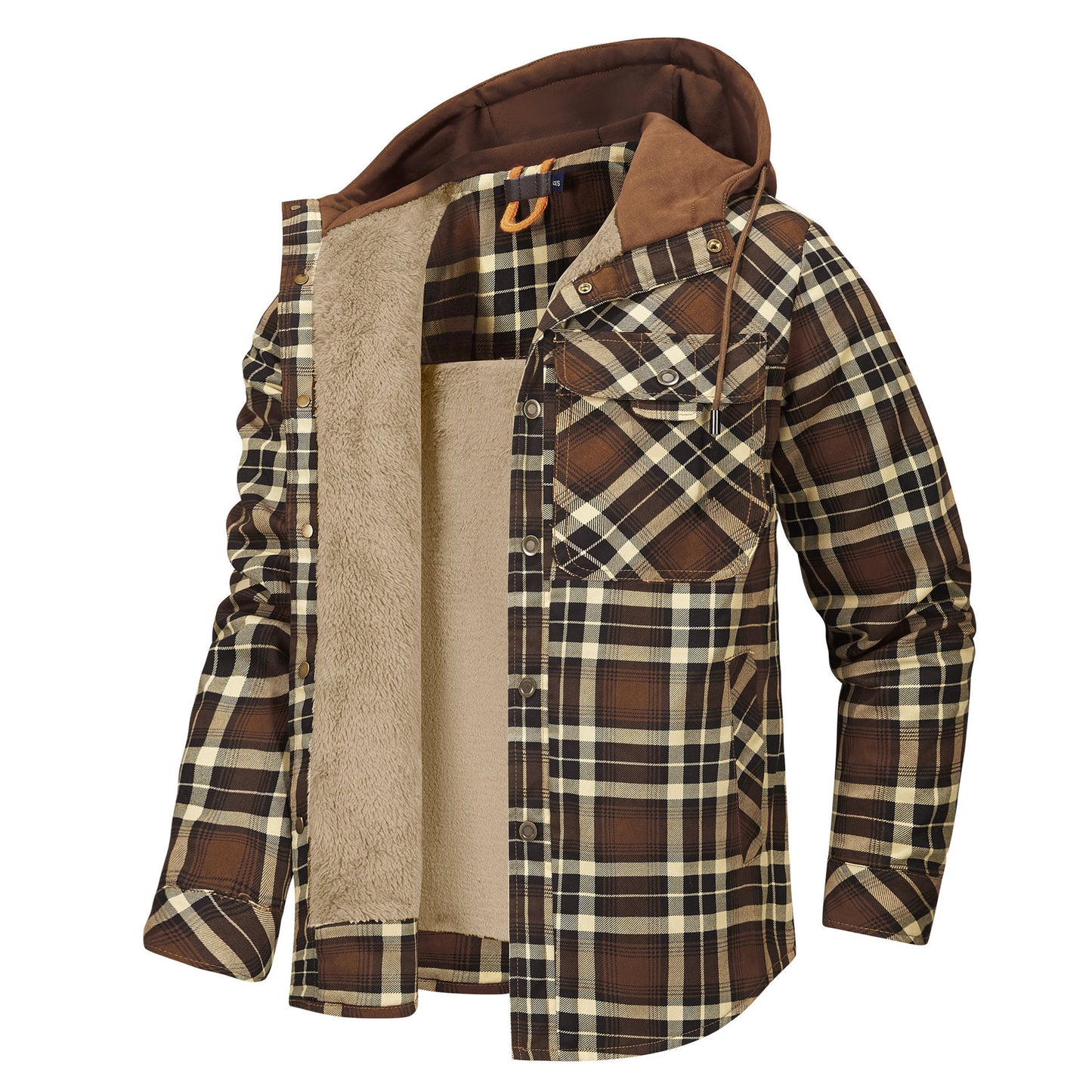 Men's Long Sleeve Velvet Thickened Hooded Plaid Shirt Coat