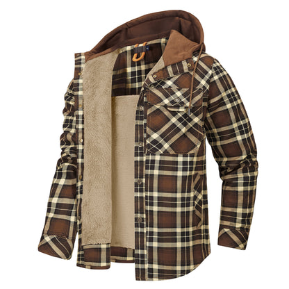 Men's Long Sleeve Velvet Thickened Hooded Plaid Shirt Coat