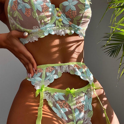 Three-piece Set Of Craft Floral Mesh Underwear